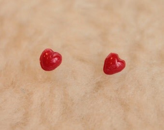 Niobium Post Earrings - Tiny Red Hearts - Hypoallergenic Earrings for Sensitive Ears / Nickel Free Stud Earrings