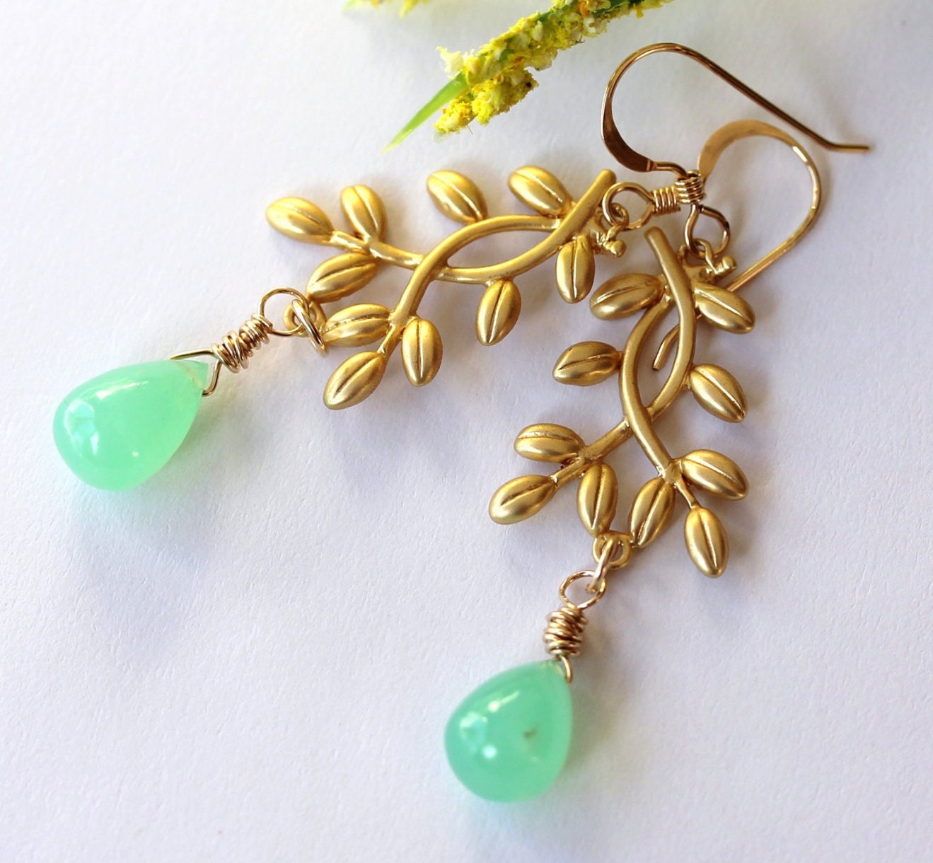 Gold Double Vine Earrings Dangle Earrings Drop by TewaJewelry
