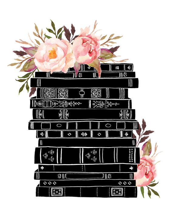 Books And Flowers Black Pink Watercolor Botanical By