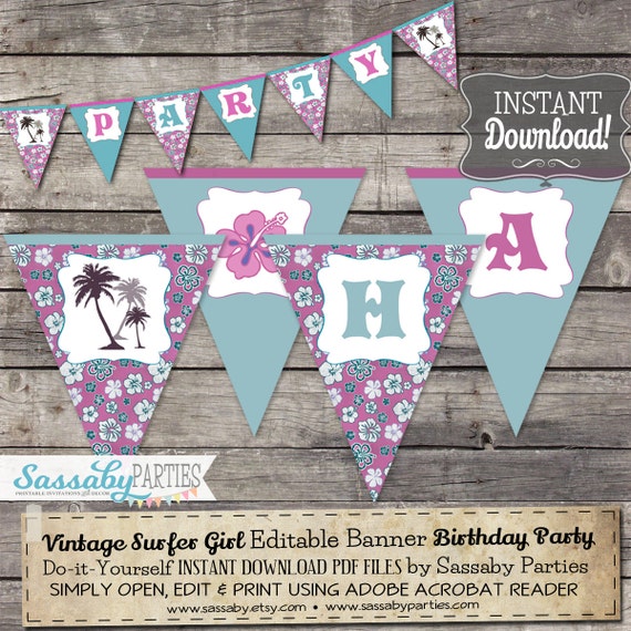 Vintage Surfer Girl Party Banner - INSTANT DOWNLOAD - Editable & Printable Birthday Decor, Decoration, Bunting by Sassaby Parties Il_570xn
