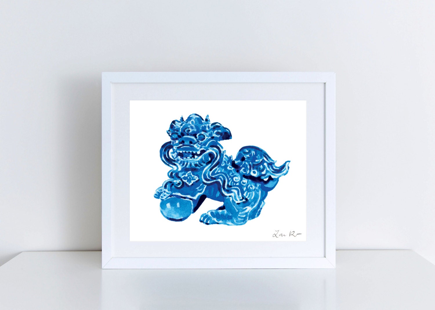 Foo Dog Blue Ceramic China Giclee Print of Watercolor Fu