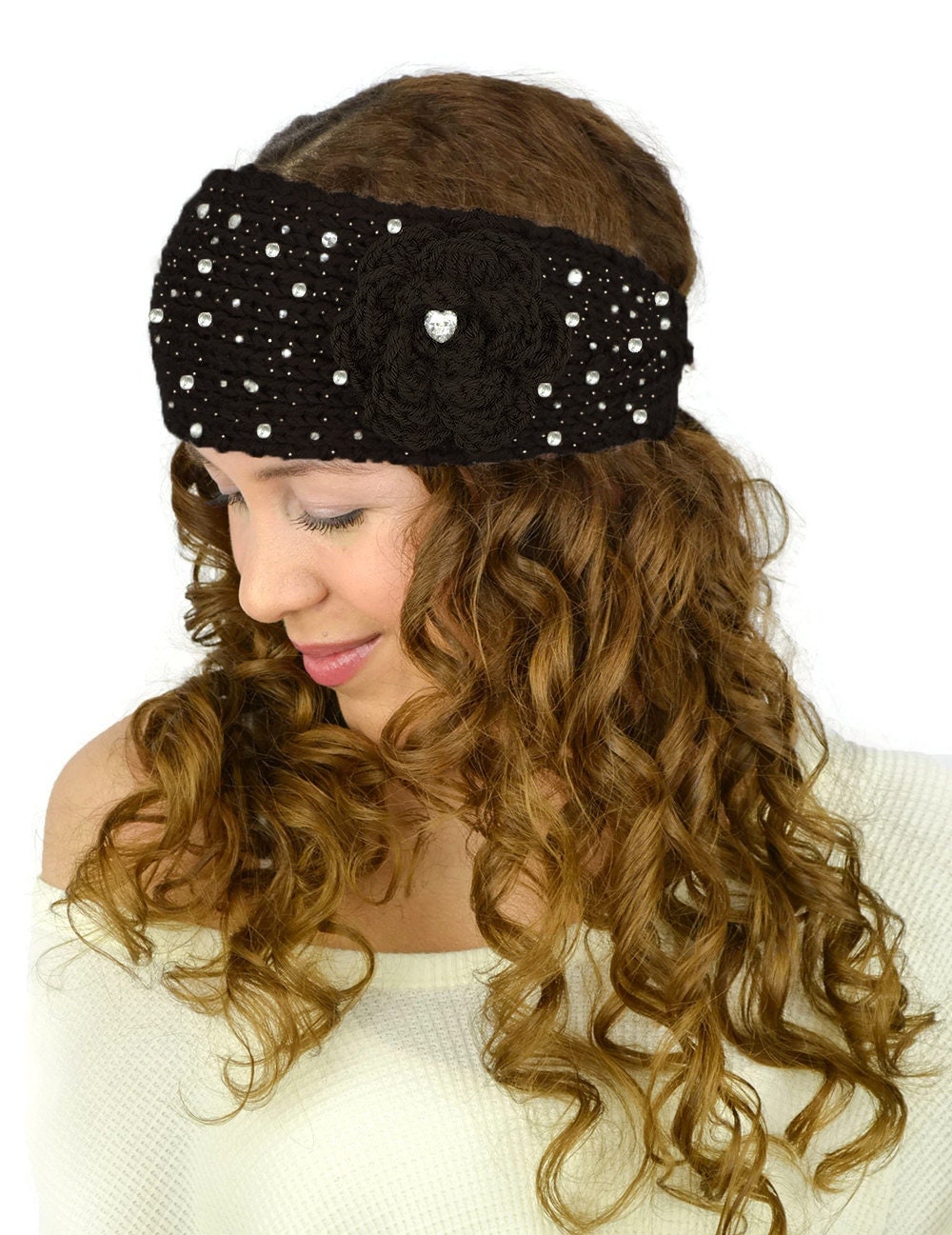 Black Knit Headband Rhinestone Black Headband Black by JuicyBows