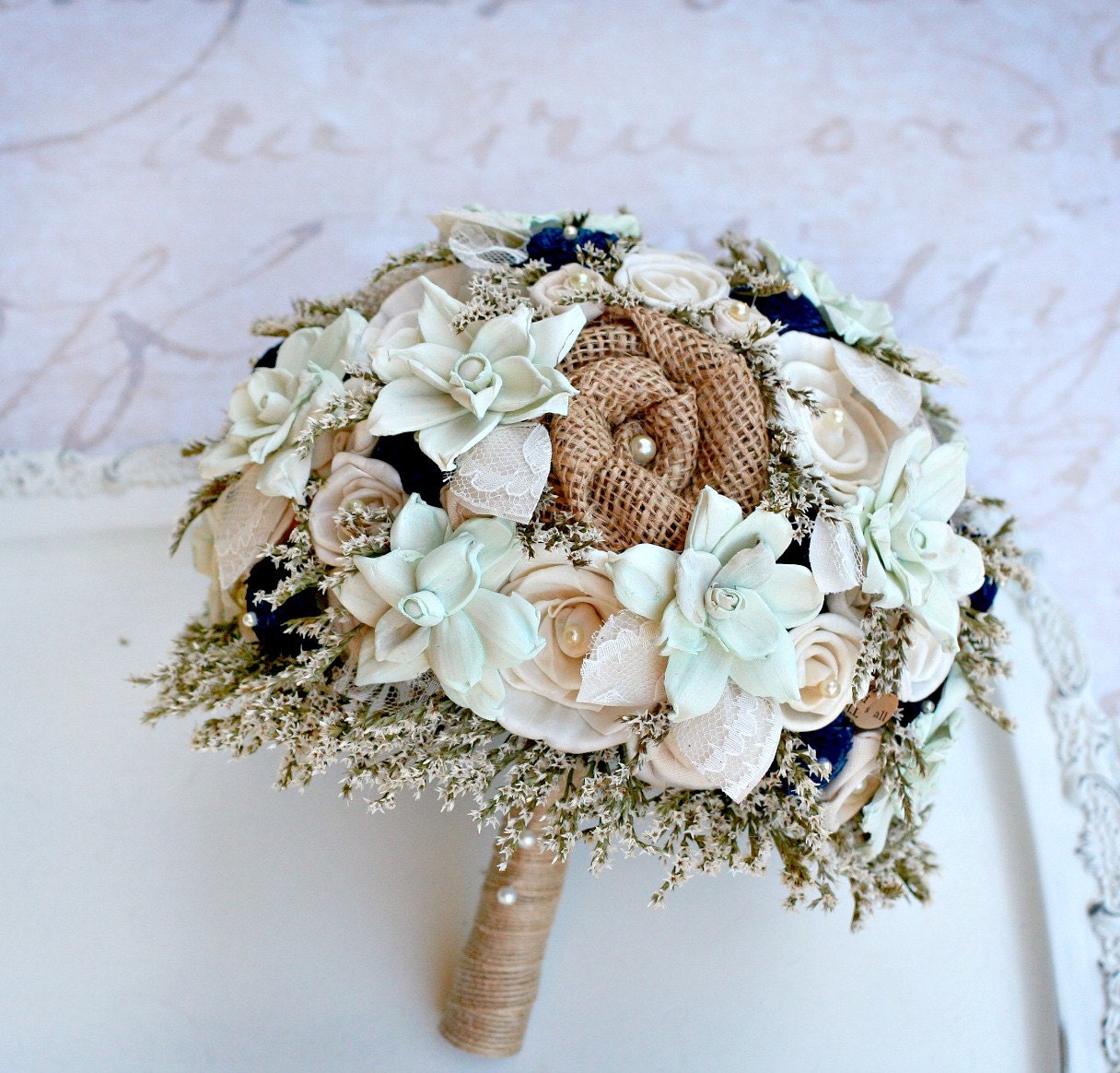 Rustic Wedding Bouquet Mint Navy // Bridal Bouquet Dried