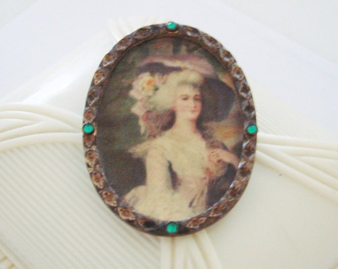 Antique Brass Tin Victorian Lady Lithograph Portrait Brooch / Cameo Style / Reenactment / Green Rhinestones / Vintage Jewelry / Jewellery