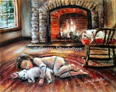 Art for kids, boy and dog, cat  canvas prints or paper, fireplace winter 'Warm and Cozy by the Fire' child wall art, Laurie Shanholtzer