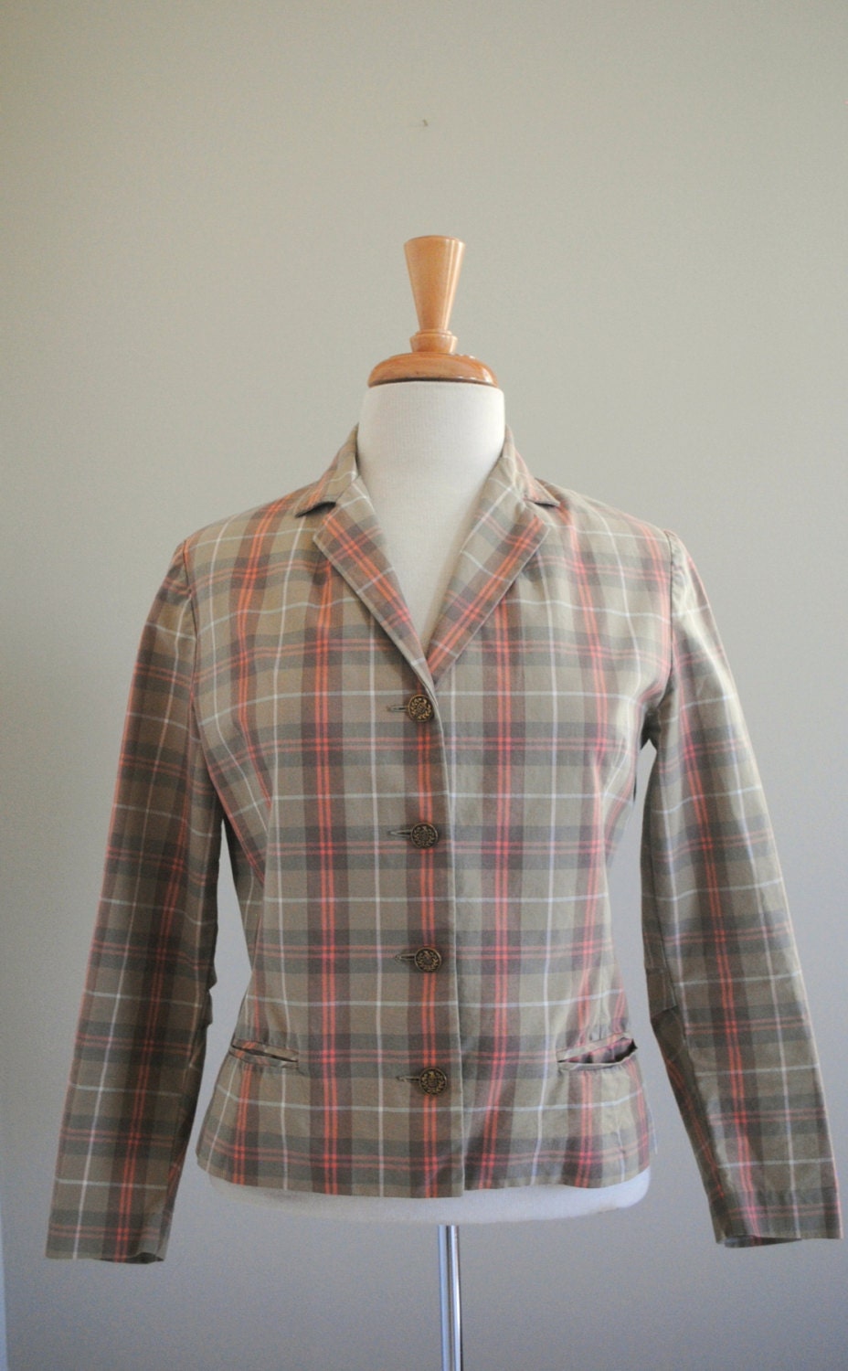 Vintage Bobbie Brooks Plaid Cotton Blazer Jacket Peach