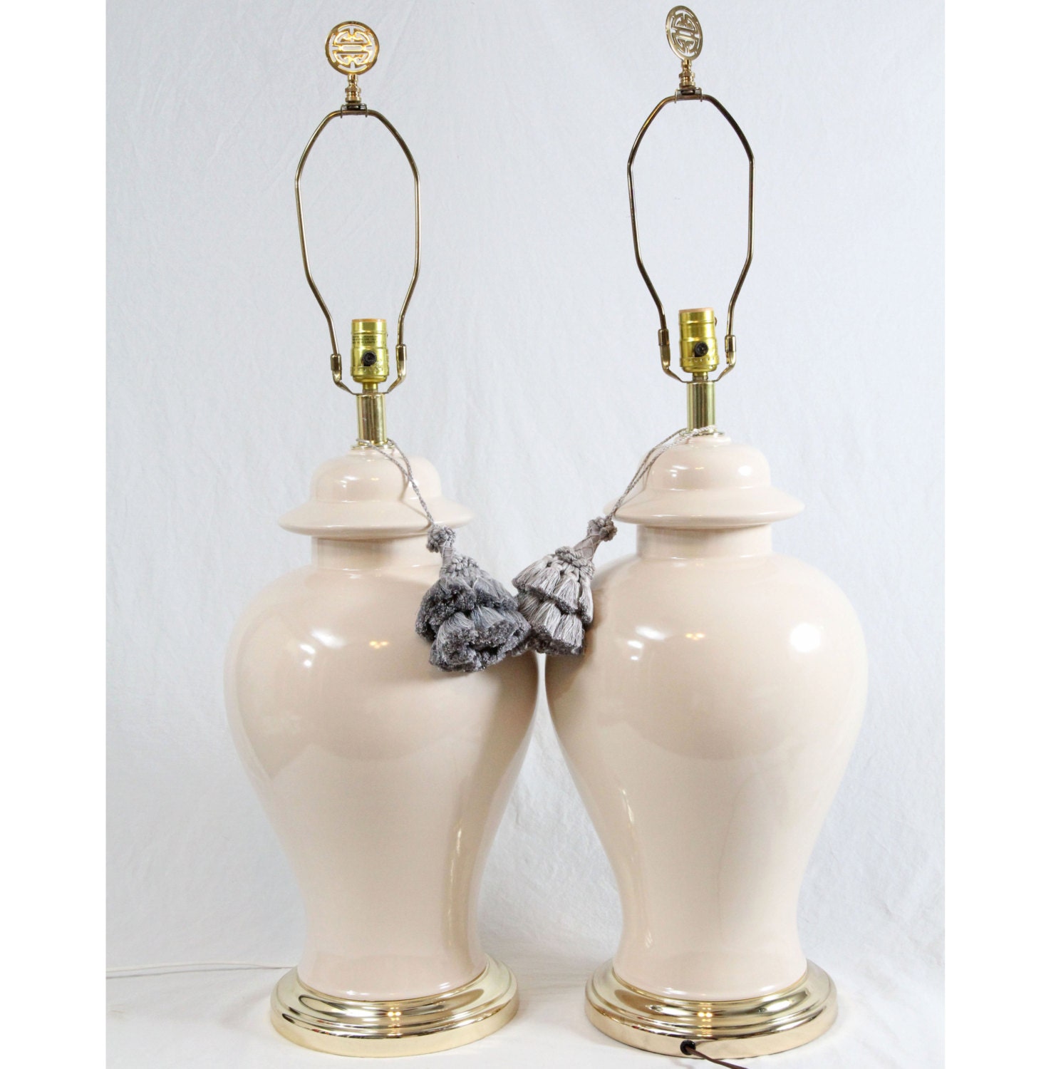Ivory OffWhite Ceramic Ginger Jar Large Table Lamps Pair