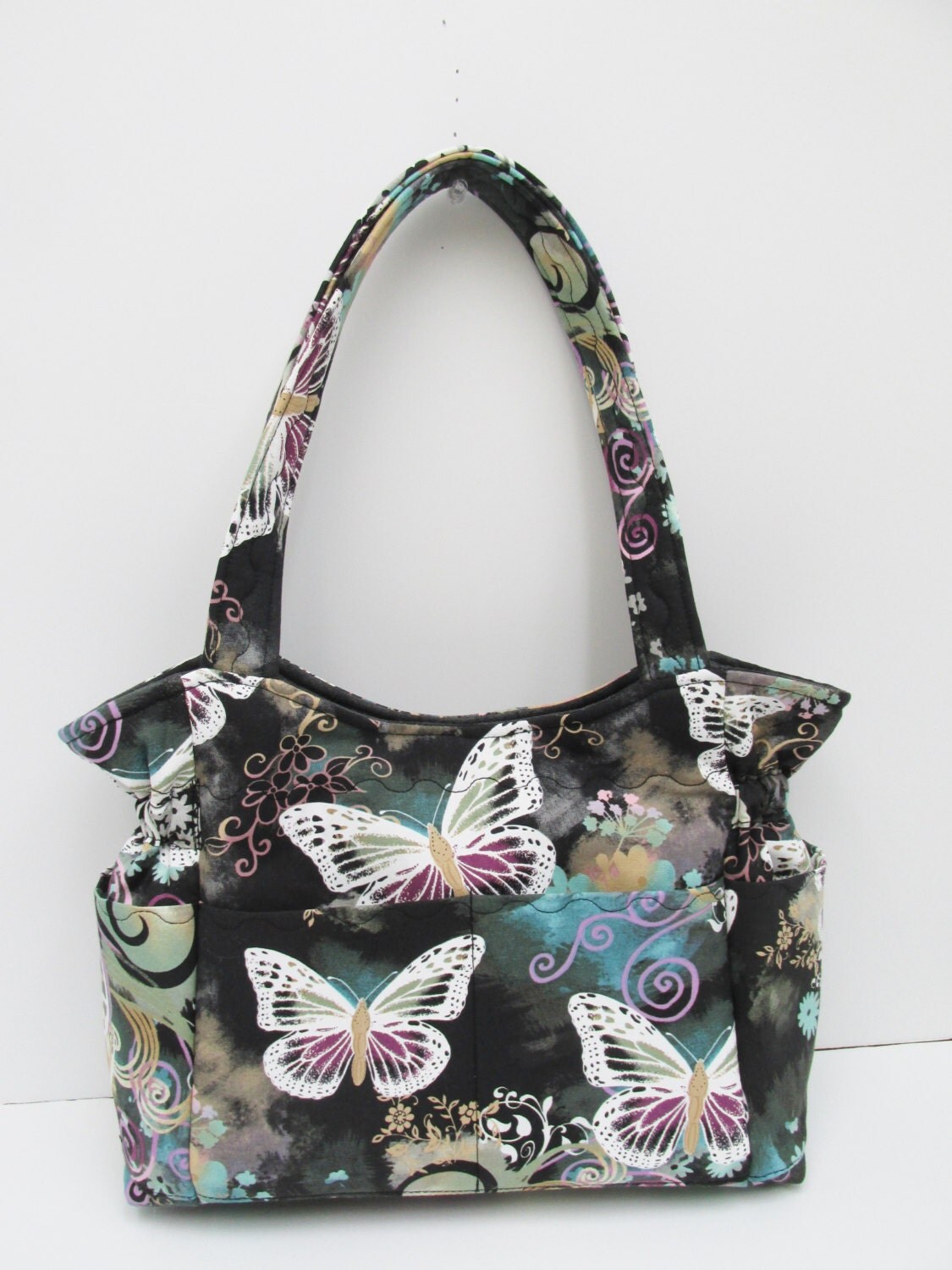Gray Black Medium Bag Butterfly Fabric Purse Papillon Purse