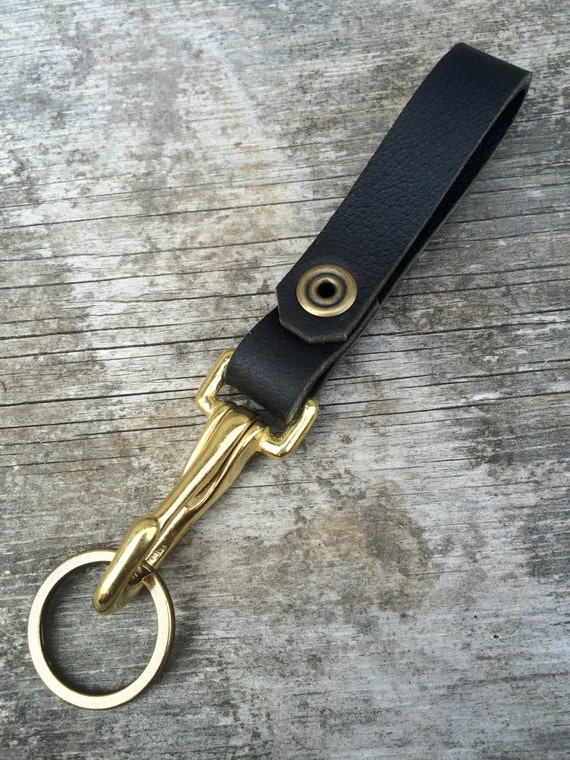 Leather keychain Key fob Key hook Black leather Monogram