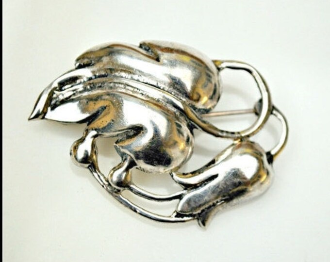 Sterling Flower brooch -Art Noveau - Silver Floral Leaf pin