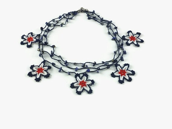 Crochet Necklace Red Blue White Layered Star Necklace Crochet Star Beaded Necklace with Stone Beads Choker 04th of July Knitted textile Jewe