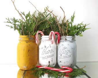 Christmas Table Decor, Holiday Decor, Christmas Mantle, Painted Mason Jars, Christmas Party Decorations, Rustic Christmas Decor