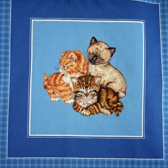 Cat Dog Pillow Fabric Panel Cotton Print Blue Plaid 44 x