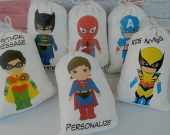 Birthday Party Favor Bags Super Heroes group 1 Super Kids For Treat's or gifts, Personalized 5" X 7" or 6" X 8" Qty 6