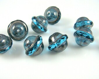 Czech Beads, Saucer Bead, Czech Glass Beads - Aqua Blue with Silver Picasso (SAT/RJ-1888) - 10x12mm - Qty 10