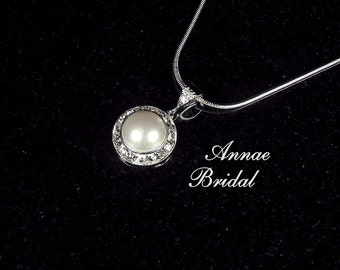 Bridal jewelry, wedding, White pearl and rhinestone pendant necklace, Swarovski, silver "Classy" necklace in white pearl