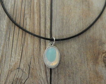 White Opal Choker Necklace, Opal Choker, Wax Cord Choker With White Opal Pendant, Opal Pendant