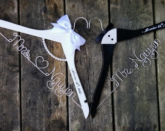 BRIDE & GROOM Wire Name Hangers - Set of 2 Hangers OR Sold Individual - Wedding Dress Hangers - Custom name