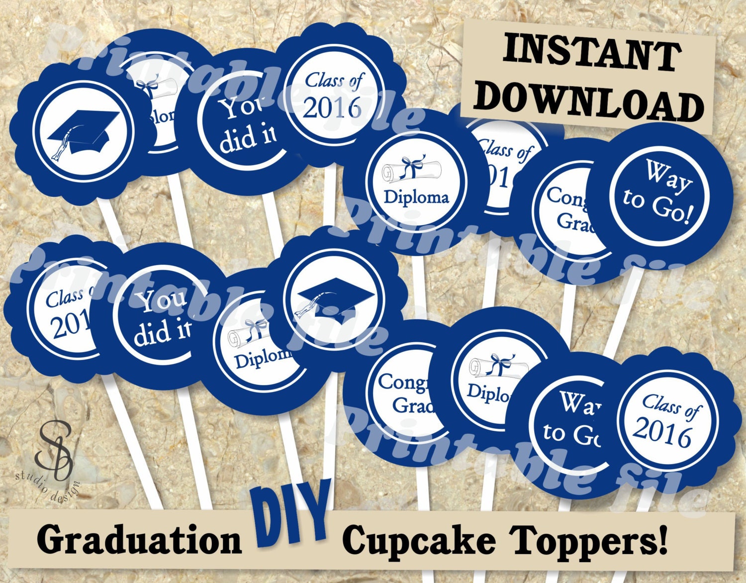 Graduation cupcake topper in blue and white printable template