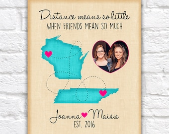 Custom Best Friend Birthday Gift, Long Distance Custom Map, Friendship, Quote, Moving Away, Miss You, BFF, Bestie, Names, Hot Pink | WF352