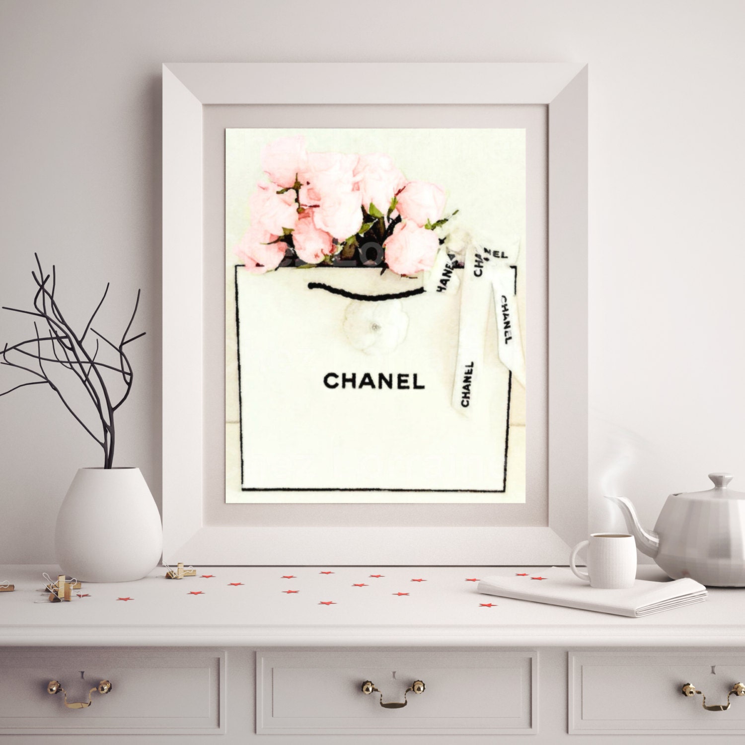 Chanel Shopping Bag with Pink Roses Chanel Art by ChezLorraines