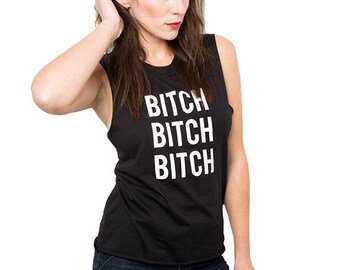 BITCH BITCH BITCH Alice Cooper Inspired Muscle Tee Ratty Distressed Band T Shirt Boho Rocker Girl 1970s Rock Music Festival Chopped Sleeves