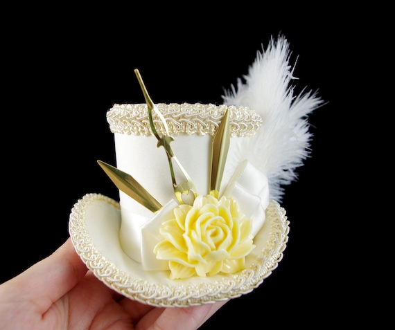 Ivory, Cream, and Gold Clock Hands Steampunk Small Mini Top Hat Fascinator, Alice in Wonderland, Mad Hatter Tea Party, Derby by TheWeeHatter steampunk buy now online