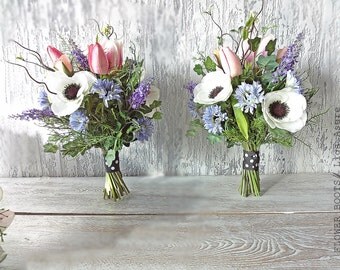 Rustic Bridal Bouquet Spring Summer wedding Garden Meadow flowers Anemones Magnolia cornflowers lavender Tulips Ivy handpicked bridesmaids