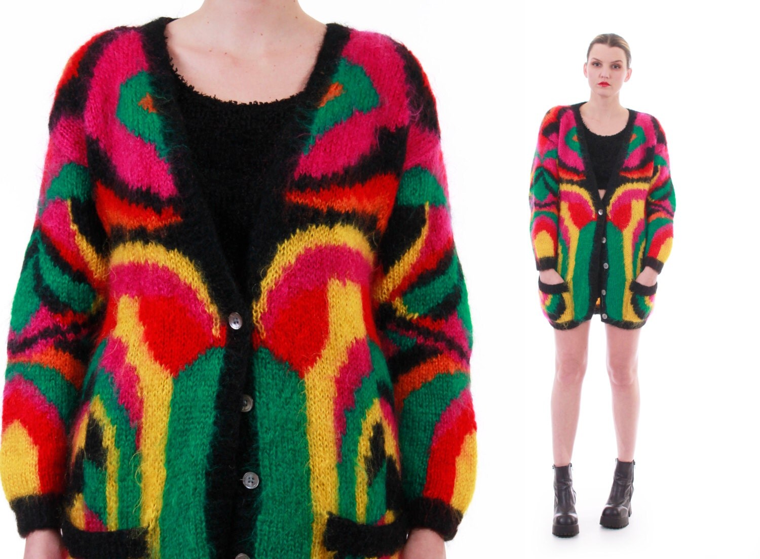 80s Vintage Mohair Sweater Slouchy Cardigan Abstract Colorful