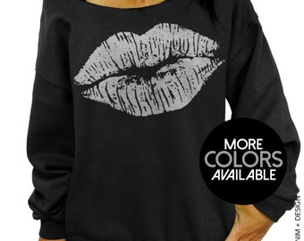 Lips Kiss - Black Slouchy Sweatshirt - Lipstick Plus Sized Off the Shoulder Sweater - More Ink Colors Available - Silver - Gold - Pink