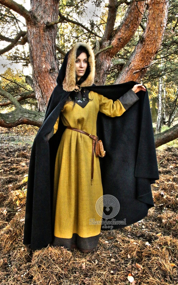 Medieval Viking cloak with hood natural fox fur historical