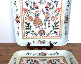 Vintage folk art trays square metal Scandanavia couple Maxey design