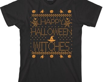 Happy Halloween Witches - Cross Stitch Halloween T Shirt - Cheeky Funny Unisex Cotton T Shirt - Item 3104 - Orange Ink