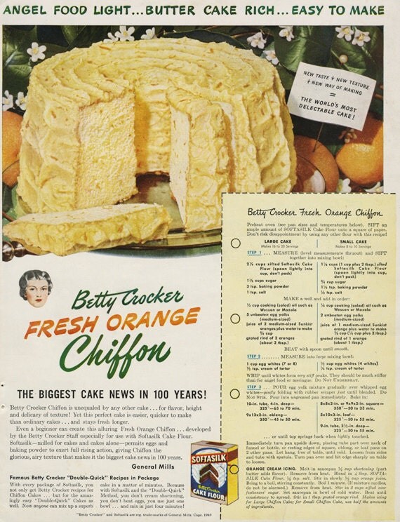 1949 Betty Crocker Orange Chiffon Cake Recipe Print Ad