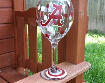 University of Alabama Wine Glass, Hand Painted Wine Glass, Football Wine Glass, College Wine Glass, Roll Tide Wine Glass, Bama Wine Glass