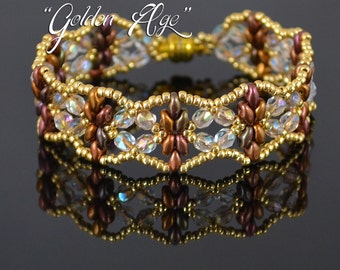 Golden Age - superduo bead pattern, beading tutorial, beadwoven bracelet pattern, seed beads, fire-polished beads / TUTORIAL ONLY
