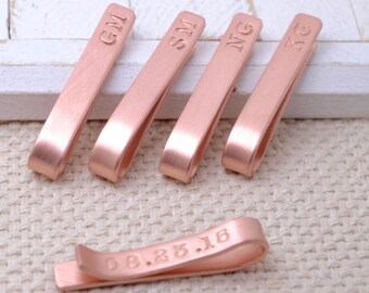 Rose Gold Color Personalized Copper Tie Clip Groomsmen Set, Monogram Tie Tack, Tie Bar, Stamped Tie Bar, Best Man Gift, Groomsmen Gift