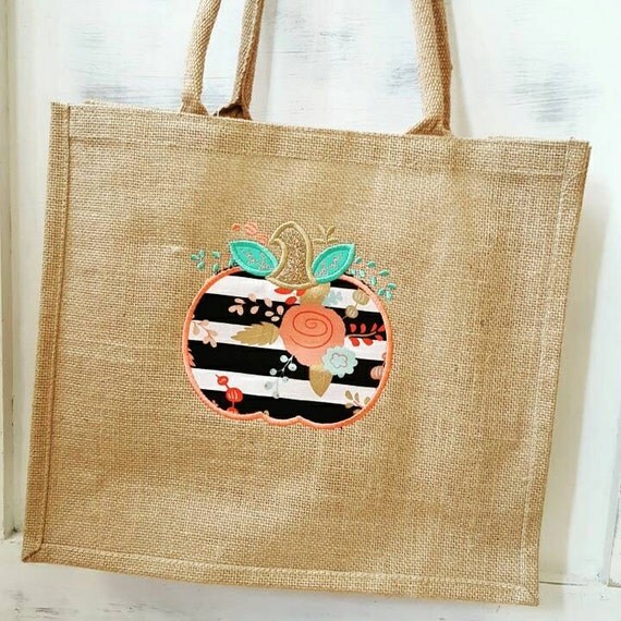 Embroidered Pumpkin Applique Burlap Tote Bag. Perfect for a