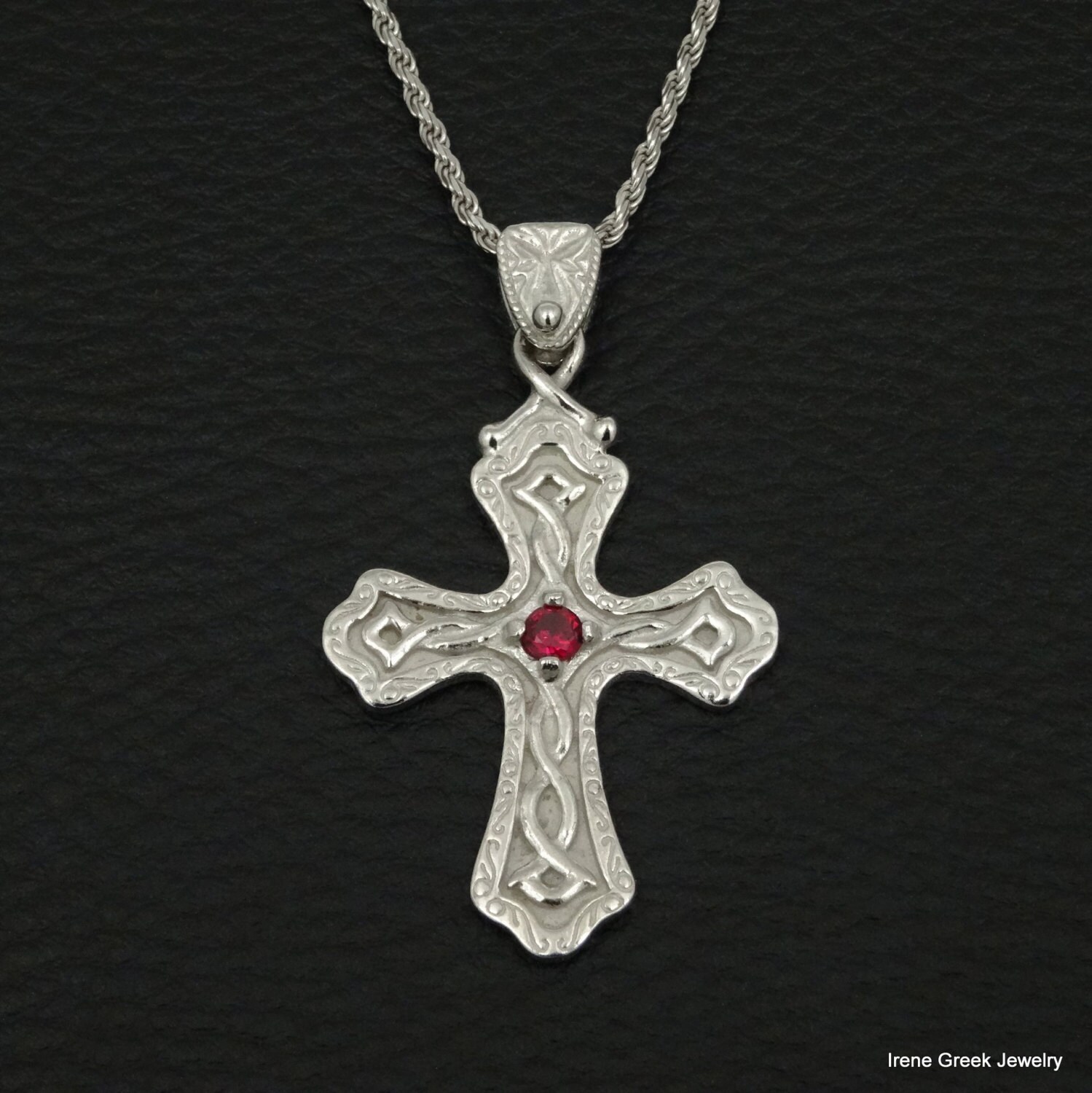 Byzantine Style Cross Pendant Pink Ruby Cz 925 Sterling Silver