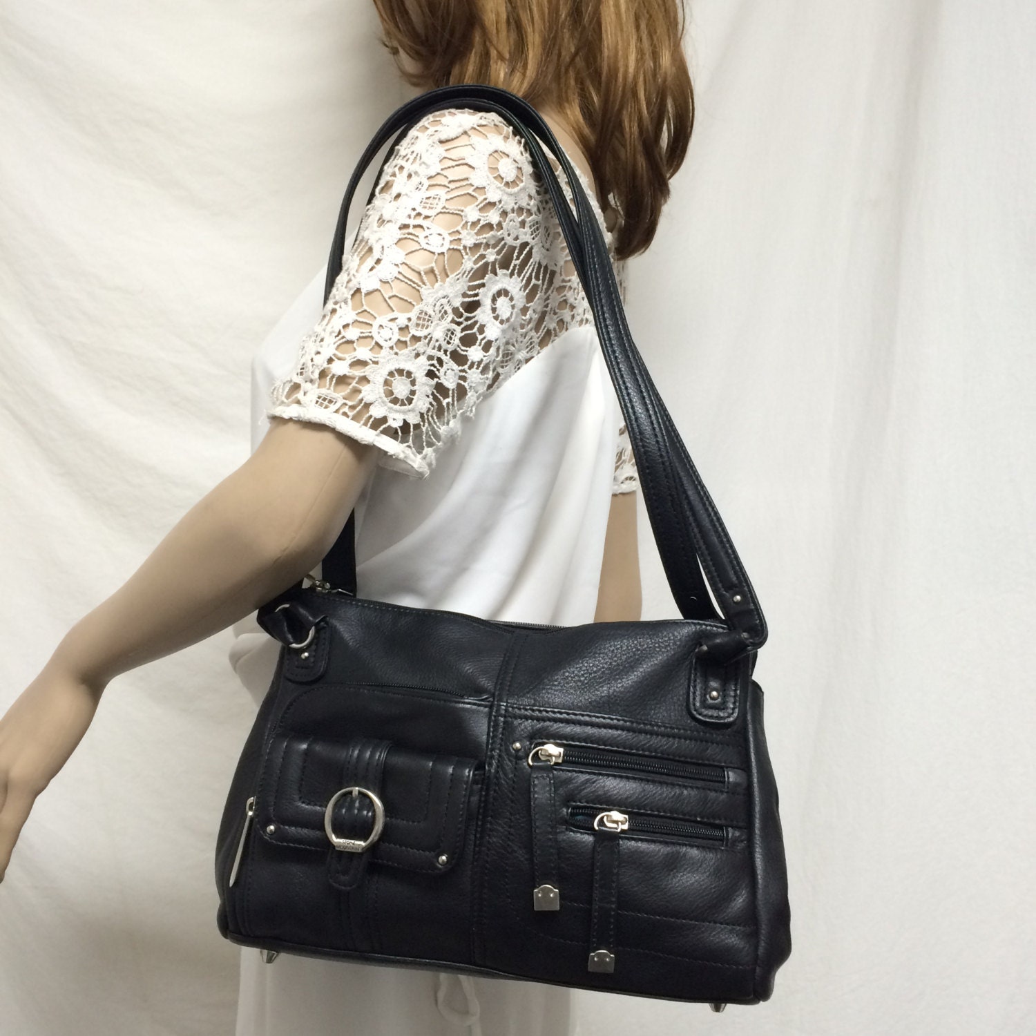 stone mountain black leather shoulder bag