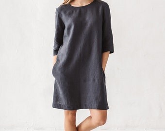 Linen dress, Graphite grey linen dress, Minimal linen dress, Linen tunic, Stone washed linen tunic, Casual dress, Dress with pockets. Dress