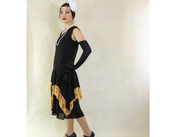 Flapper costume in black and goldenrod with handkerchief skirt, 1920s flapper dress, black Great Gatsby dress, 20er kleid, robe annees 20