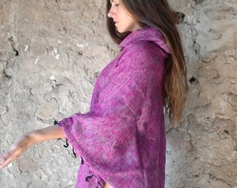 yak wool poncho women capoche pink