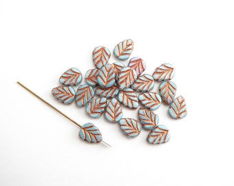 10 x 11x8mm Blue Copper Leaf Czech Glass Beads, Leaf Czech Glass Beads, Blue Leaf Beads, Copper Leaf Beads 11x8mm LEA0046