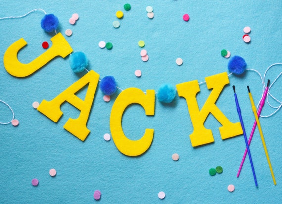 Custom Pom Pom Felt Baby Name Banner Garland / Yellow Blue Poms / Modern Nursery / Other Colors Available / 4" Upper Case Il_570xn