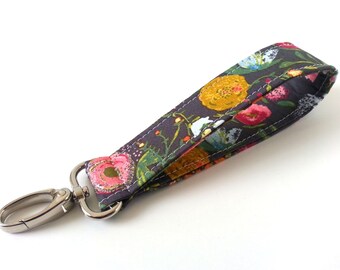 Floral Key Fob, Key Holder, Floral Keychain, Wristlet Key Fob, Floral Fabric, Charcoal Gray