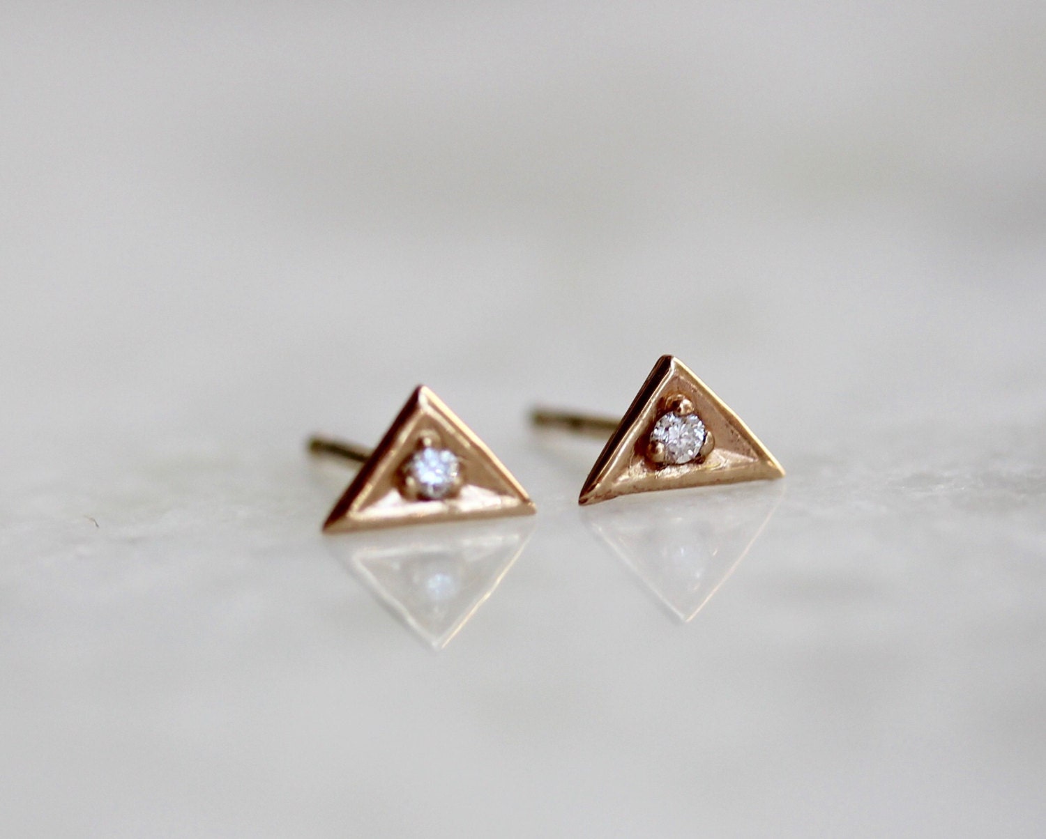14k Diamond Triangle Stud Earrinys Solid 14k Gold Earring
