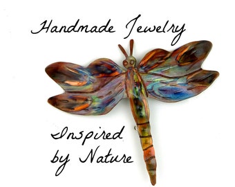 dragonfly brooch, dragonfly pin, dragonfly jewelry, whimsical jewelry, wearable garden art, handmade copper, flame painted, torched copper