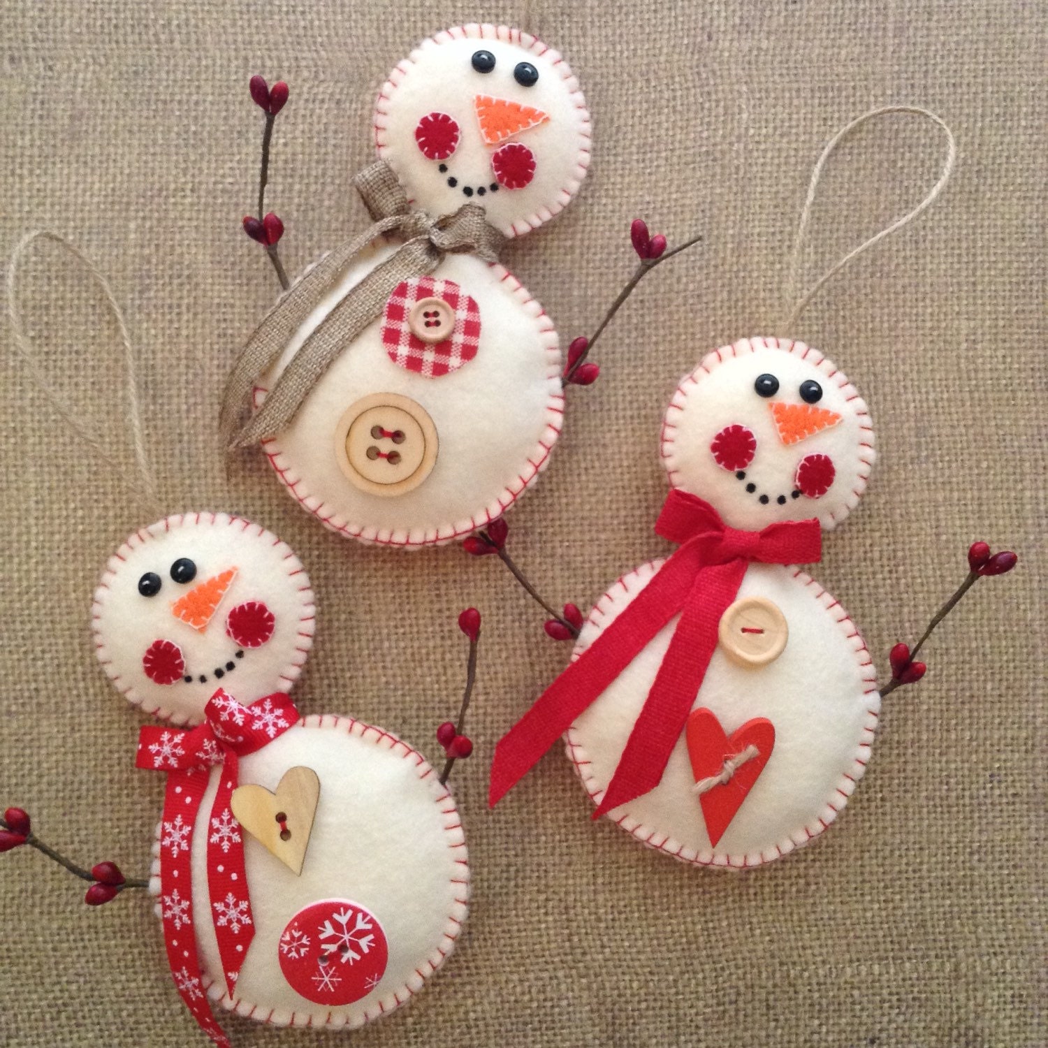 Snowman Ornaments / Felt Christmas Snowman / Red and White