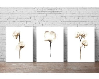 Shabby Chic Home Decor, Cotton Bolls Painting Set 3, Cotton Art Prints, Brown Taupe Beige White Wall Decor, Minimalist Watercolor Floral Art